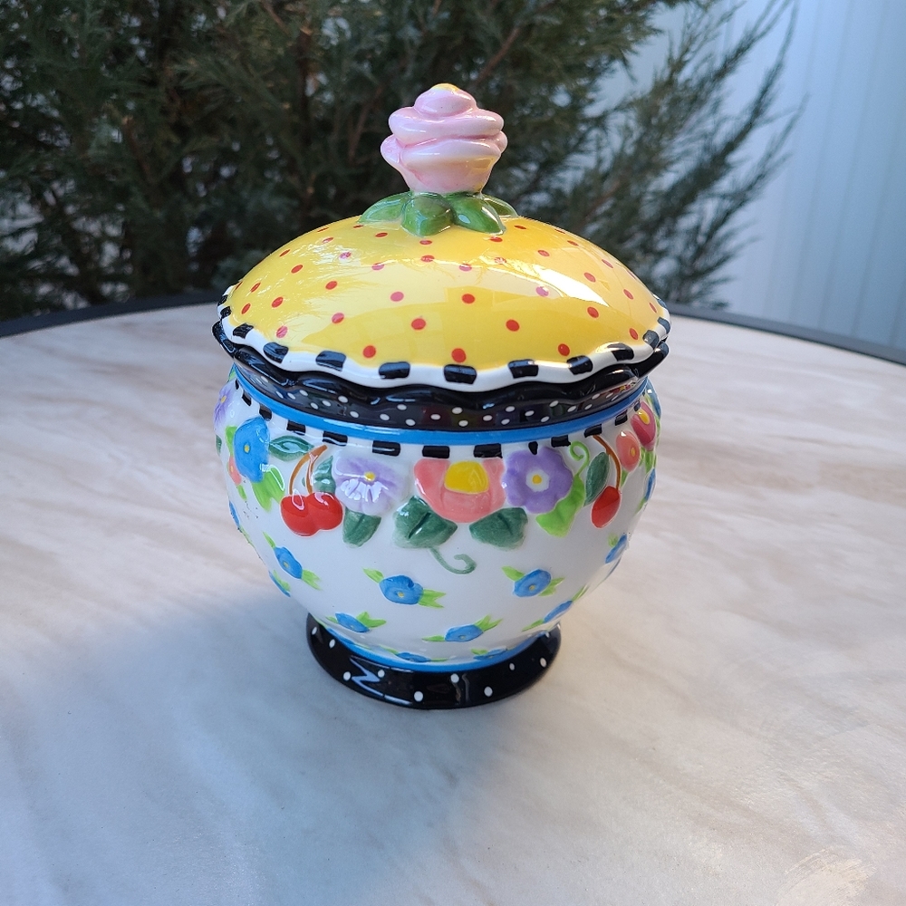 Mary Engelbreit 2002 Flowers and Cherries Small Pot With Lid